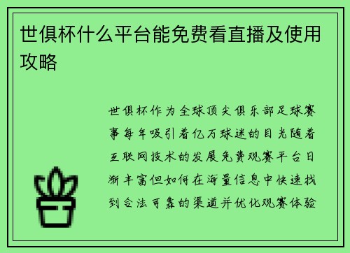 世俱杯什么平台能免费看直播及使用攻略