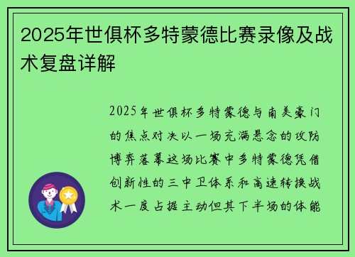2025年世俱杯多特蒙德比赛录像及战术复盘详解